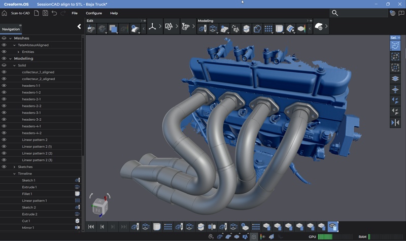 3D model of the new manifold displayed in Creaform’s Scan-to-CAD Pro software module.