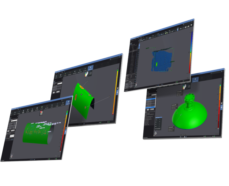 Four software screens displaying 3D model parts using Creaform’s NDT software modules