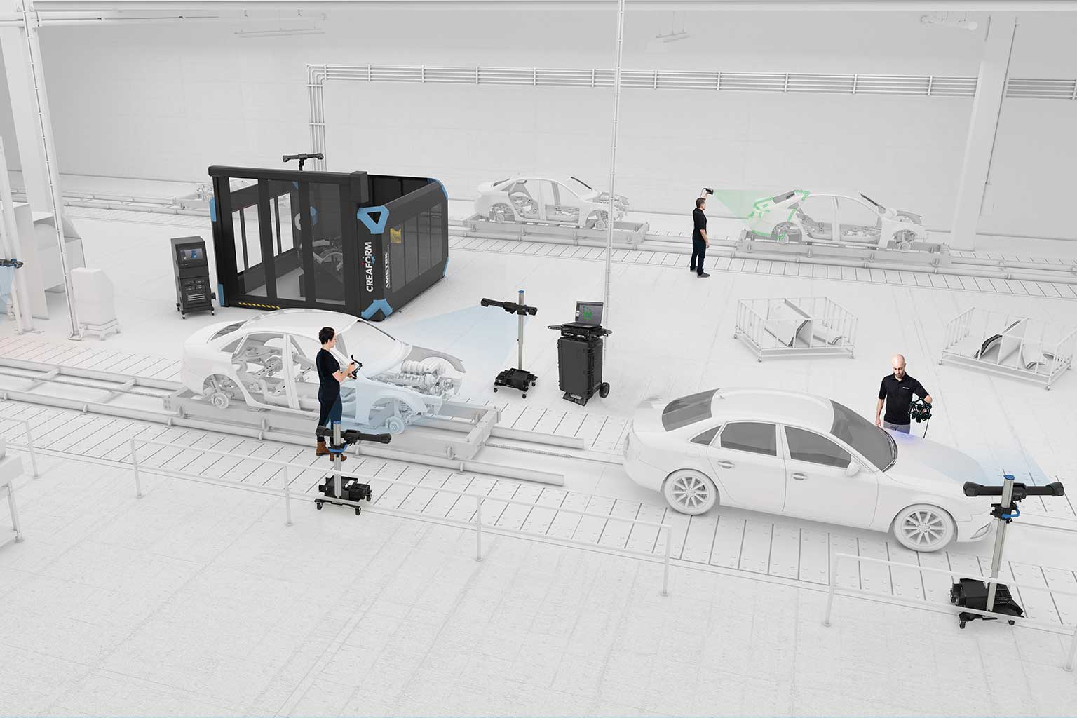 Rendu 3D blanc d'une ligne de production automobile avec des stations de travail portables Cube-R, R-Series MetraSCAN 3D, HandyPROBE, MaxSHOT 3D et C-Track